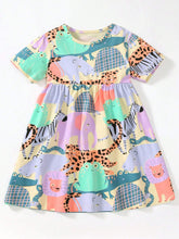 Short Sleeve Cartoon Animal Pattern Casual Comfy European & American Style Beach Princess Dress For Young Girls, 2-7 Years Old